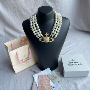Brand New Vivienne Westwood Triple-Layer Pearl Necklace with Gold-Tone Pendant
